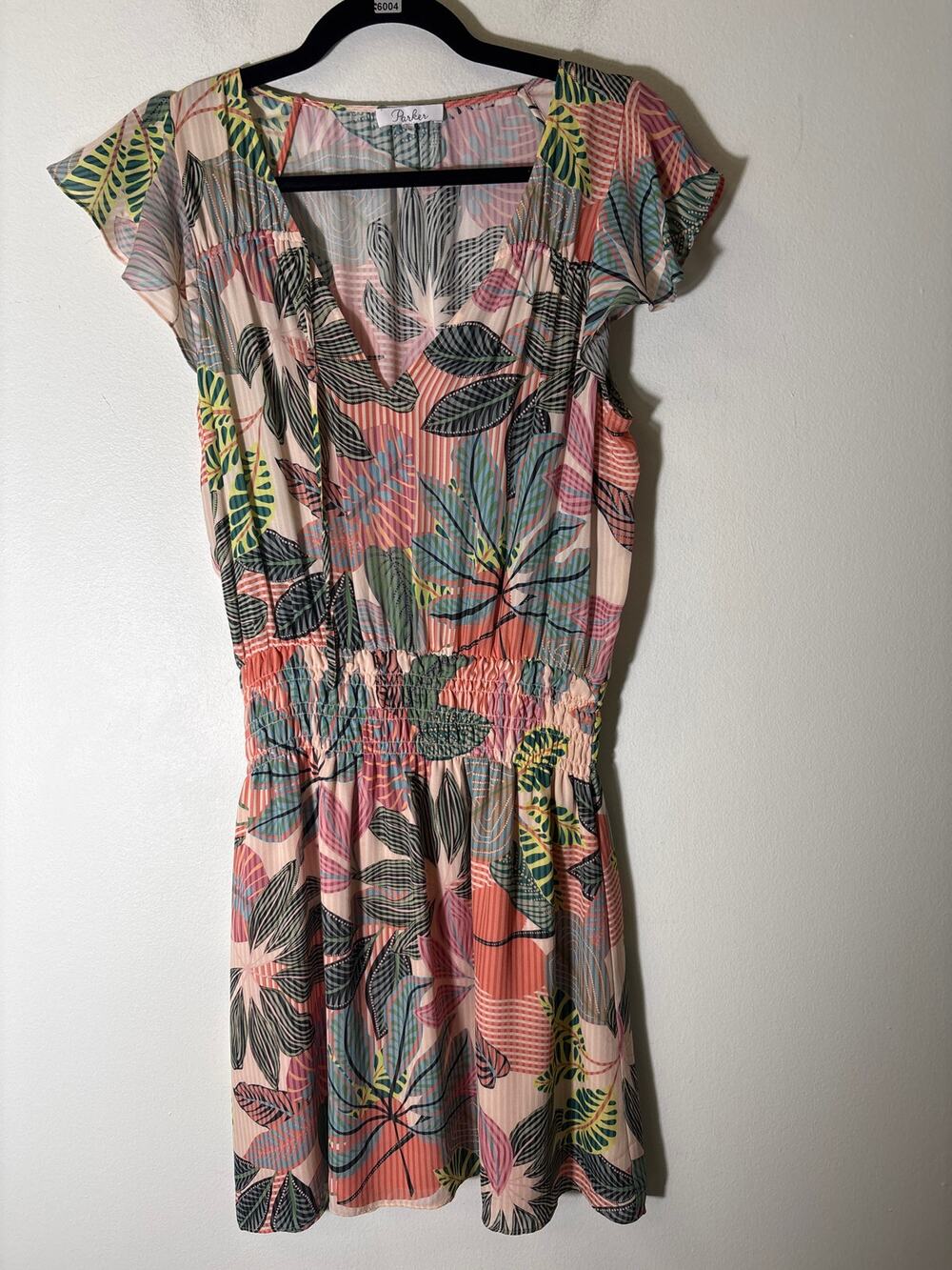 Parker Tropical Floral Smocked Waist Mini Dress Sz M
